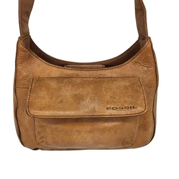 Vintage Fossil Purse Brown Tan Cognac Weathered Y2k 2000s Shoulder Boho Leather - Picture 7 of 16
